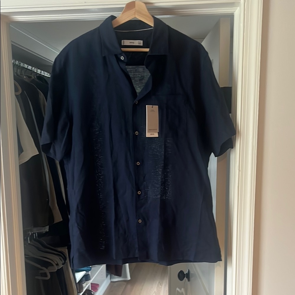 Men's Navy Blue linen Short Sleeve Shirt